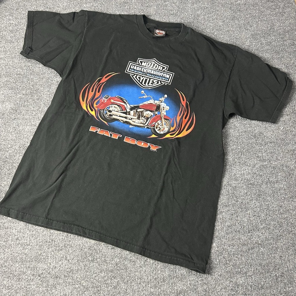 Vintage Harley-Davidson Shirt Mens XL Black Fat Boy Flames Double Sided 2001 USA